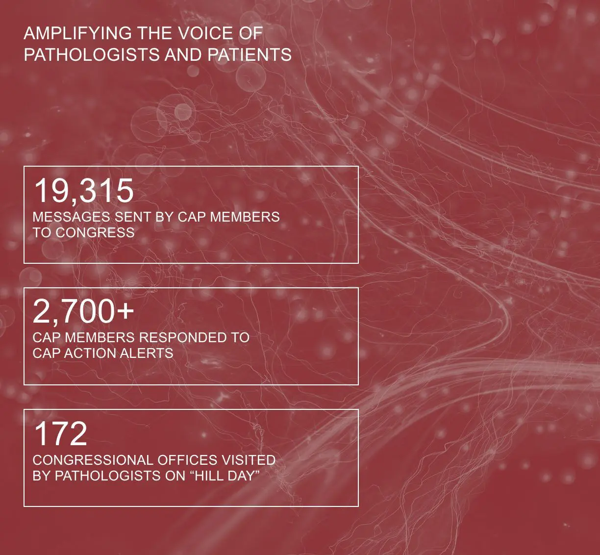 An informational graphic on a textured, deep red-maroon abstract background with interconnected white lines and small spheres. The title at the top reads: Amplifying the voice of pathologists and patients. Below the title are three white outlined boxes, stacked vertically, containing specific data points. The first box features the number 19,315 with the text: Messages sent by CAP members to Congress. The second box features the number 2,700+ with the text: CAP members responded to CAP action alerts. The third box features the number 172 with the text: Congressional offices visited by pathologists on 'Hill Day.'